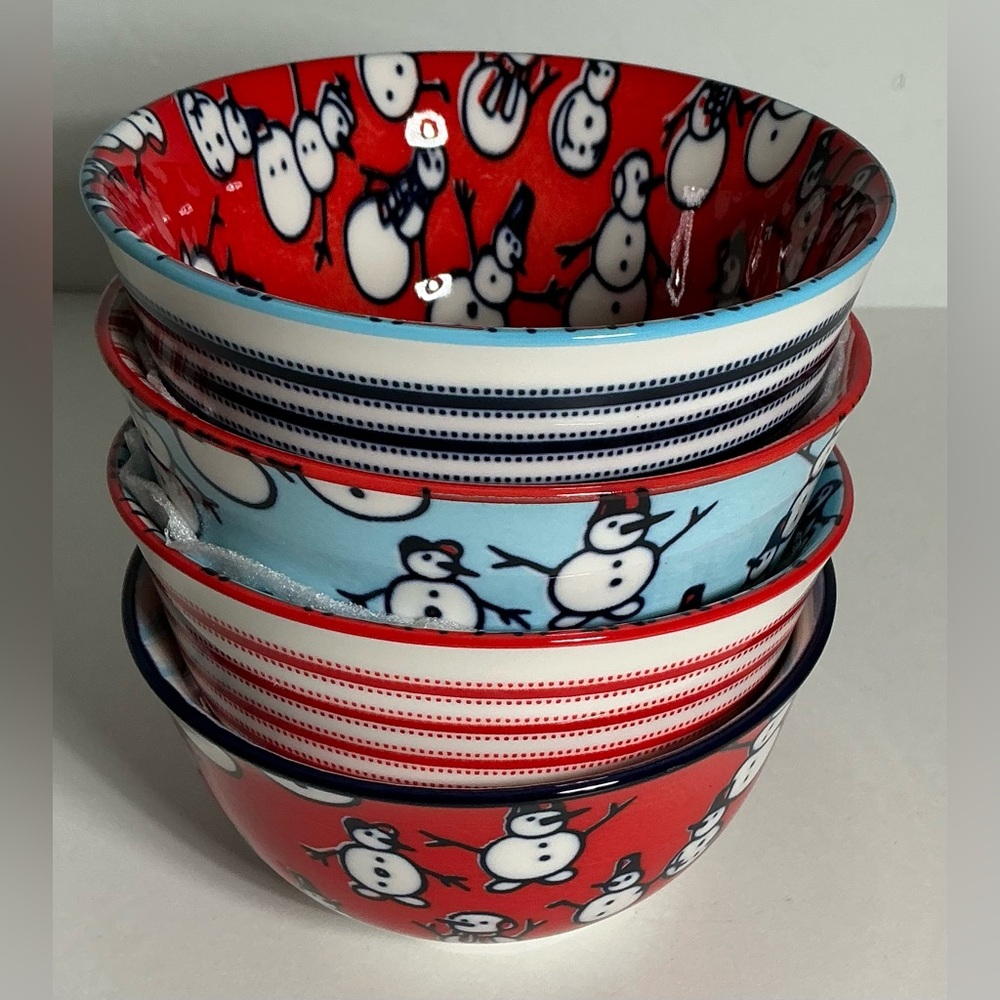 4 Global Design Connections Blue & White Ceramic Bowls  4.5” Dia Christmas New